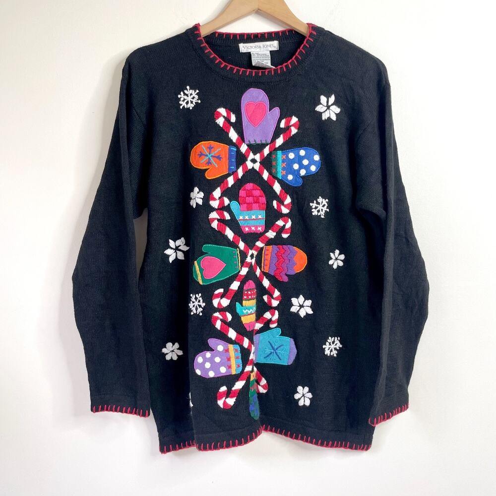 Vintage Embroidered‎ Candy Cane Snowflake Whimsical Holiday Christmas Sweater M
